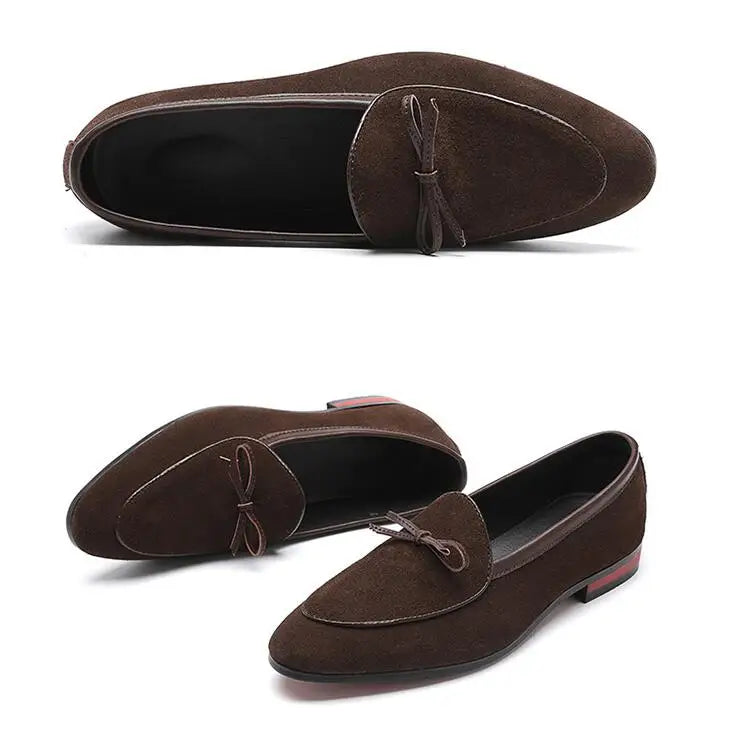 Men's Casual Shoes with Bowknot Genuine Suede Leather Trendy Party Wedding Loafers Flats Mens Driving Moccasins EUR Sizes 38-48