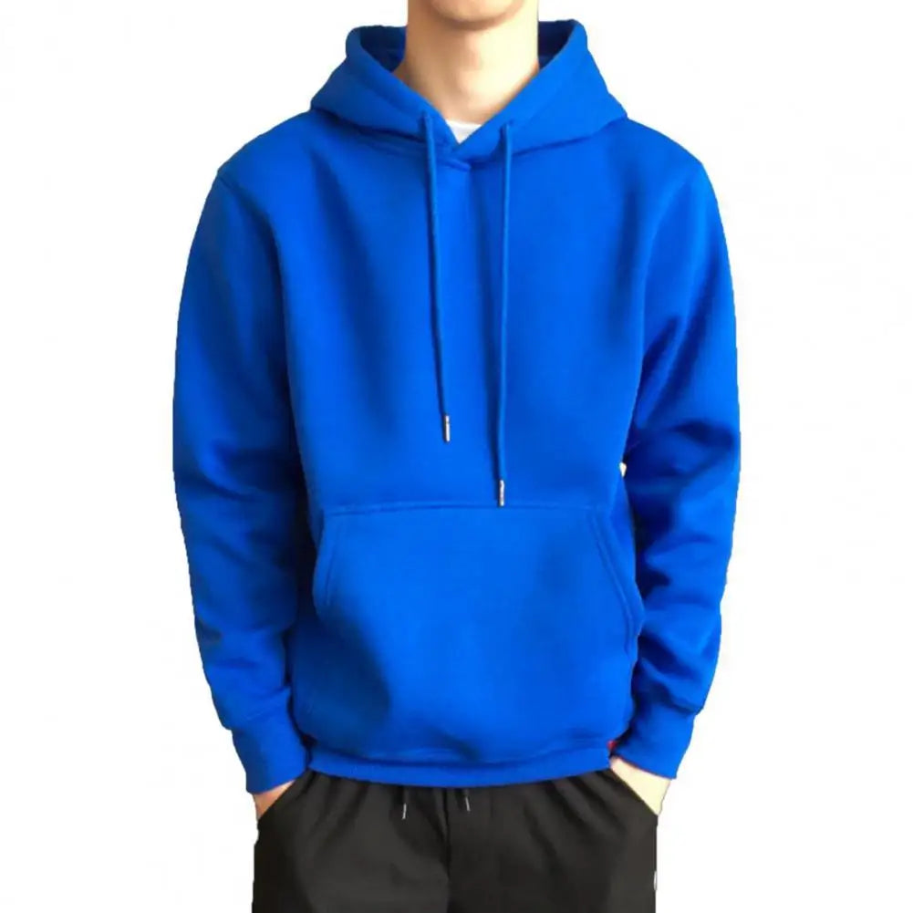 Front Pocket Drawstring Long Sleeve Pullover Hoodie Men Autumn Winter Solid Color Fleece Lining Hooded Sweatshirt Men Streetwear