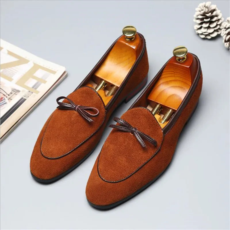 Men's Casual Shoes with Bowknot Genuine Suede Leather Trendy Party Wedding Loafers Flats Mens Driving Moccasins EUR Sizes 38-48