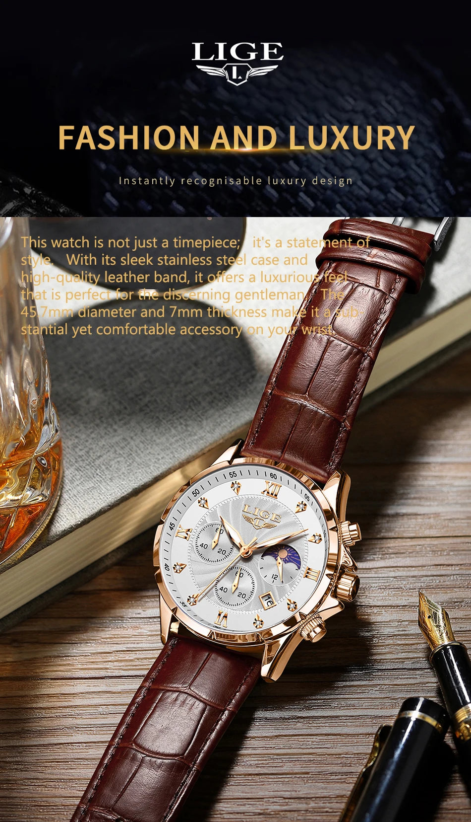 2024 Watches Luxury Men LIGE Brand Fashion Quartz Watches Business Casual Clock Leather Waterproof Mens Wristwatch Reloj Hombre