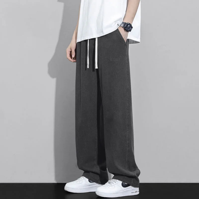 Street Fashion Trend Loose Versatile Wide Leg Jeans Men Elastic Waist Drawstring Pockets Summer Thin Casual Straight Trousers