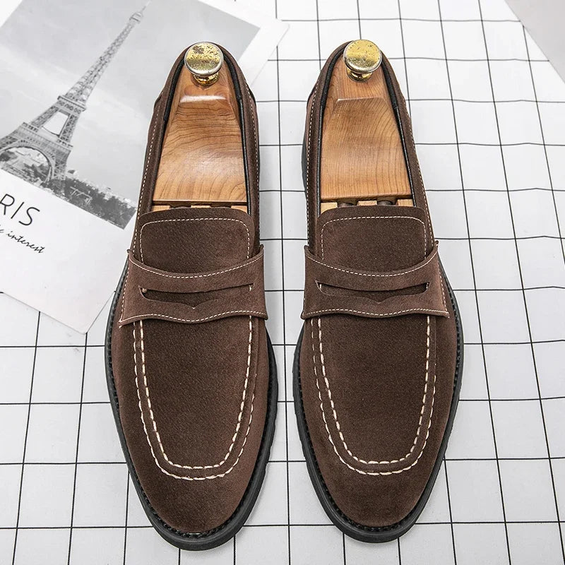 Fashion Loafers Men Shoes Classic Versatile Business Casual Everyday Square Toe Stitches Faux Suede Solid Color Dress Shoes