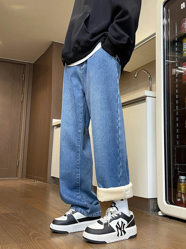 Men's Winter Pants Fleece-lined Straight Jeans Korean Fashion Elastic Waist Semi-Wide Baggy Denim Pants Thick Warm Jean Trousers