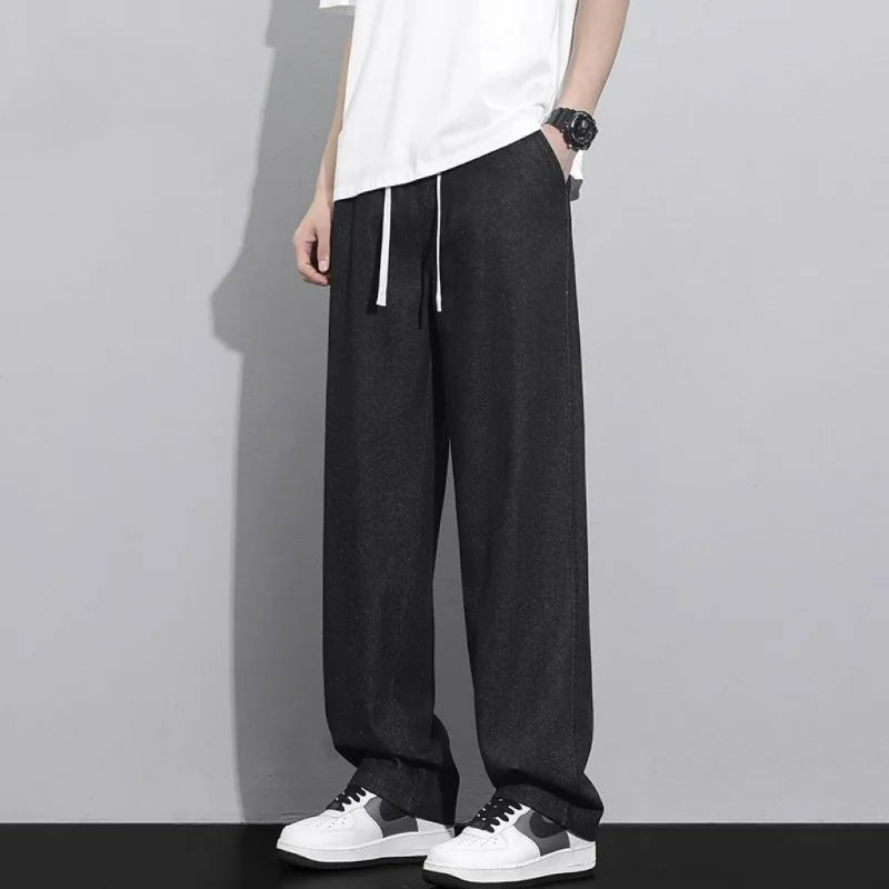 Street Fashion Trend Loose Versatile Wide Leg Jeans Men Elastic Waist Drawstring Pockets Summer Thin Casual Straight Trousers