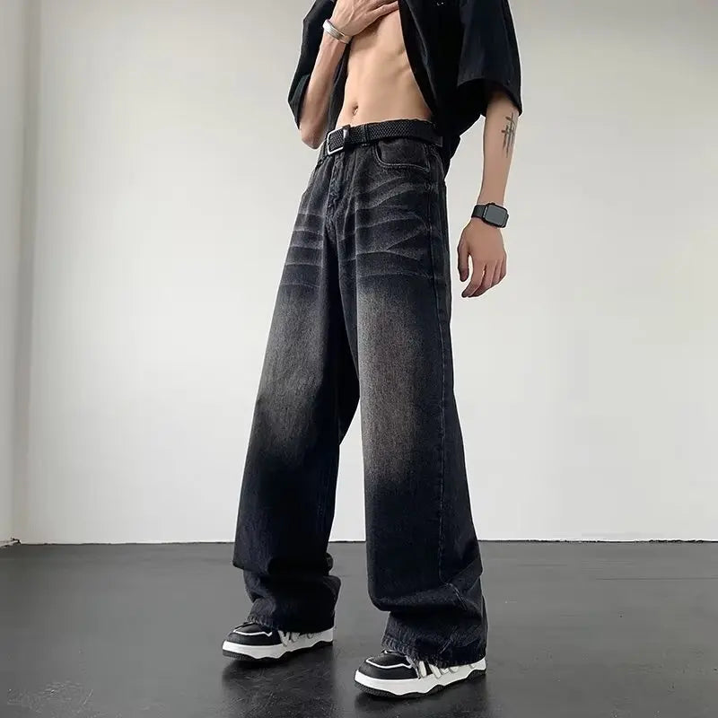 Men's American Gradual Washing Black Baggy Jeans Man Straight Denim Wide-leg Pants