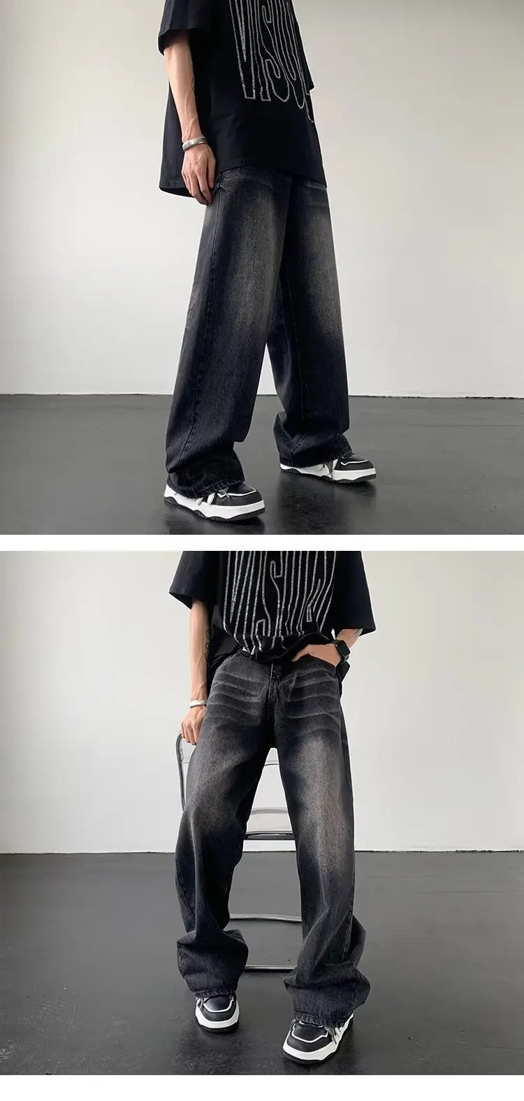 Men's American Gradual Washing Black Baggy Jeans Man Straight Denim Wide-leg Pants