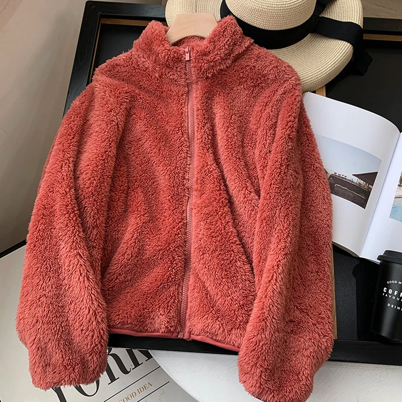 Warm Stand Up Collar Lambhair Jacket  Women's Autumn Winter Loose Long Sleeved Outwear Simple Solid Color Fleece Short Top