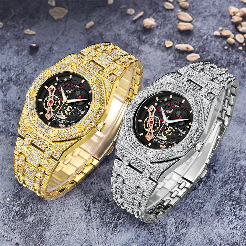 Men Luxury Brand Gold Watches Fashion Alloy Band Hip Hop Diamond Skeleton Date Quartz Watch Relogio Masculino Ouro Reloj Hombre