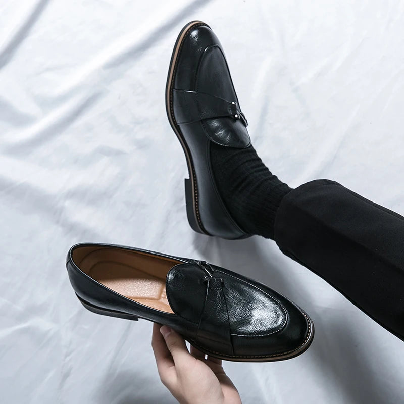 Fashion Penny Slip On Loafers Leather Men Shoes Simple Pointed Toe Dress Business Suit Casual Party Wedding Shoes Soft Comforty