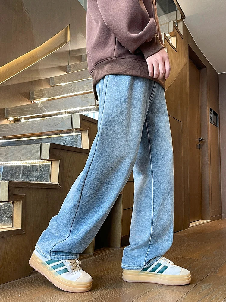 Men's Winter Pants Fleece-lined Straight Jeans Korean Fashion Elastic Waist Semi-Wide Baggy Denim Pants Thick Warm Jean Trousers