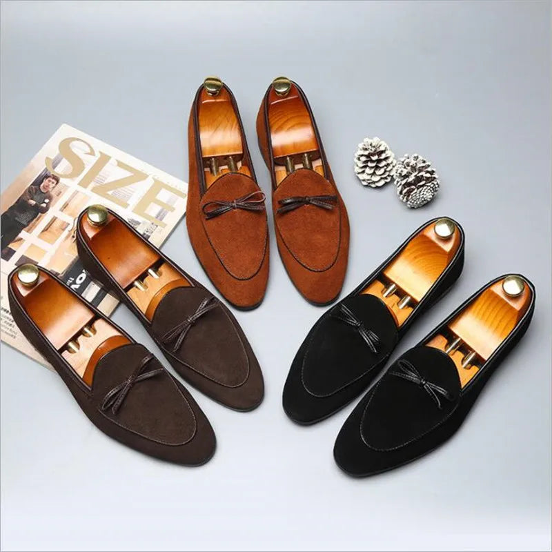 Men's Casual Shoes with Bowknot Genuine Suede Leather Trendy Party Wedding Loafers Flats Mens Driving Moccasins EUR Sizes 38-48