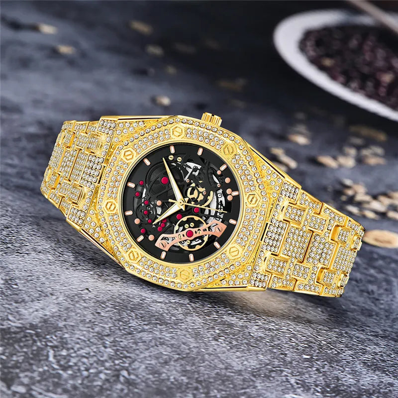 Men Luxury Brand Gold Watches Fashion Alloy Band Hip Hop Diamond Skeleton Date Quartz Watch Relogio Masculino Ouro Reloj Hombre