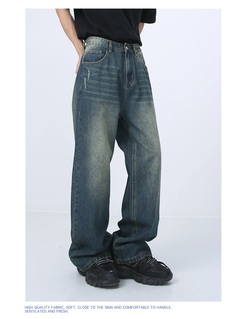 Blue Baggy Jeans Men's Streetwear Straight Fashion Wide Leg Pants Washed Distressed Loose Denim Trousers Y2K Casual Male Clothes