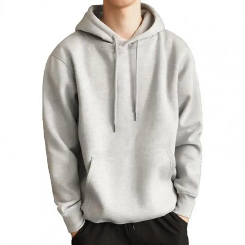 Front Pocket Drawstring Long Sleeve Pullover Hoodie Men Autumn Winter Solid Color Fleece Lining Hooded Sweatshirt Men Streetwear