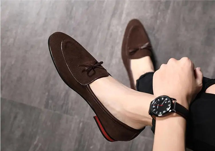 Men's Casual Shoes with Bowknot Genuine Suede Leather Trendy Party Wedding Loafers Flats Mens Driving Moccasins EUR Sizes 38-48