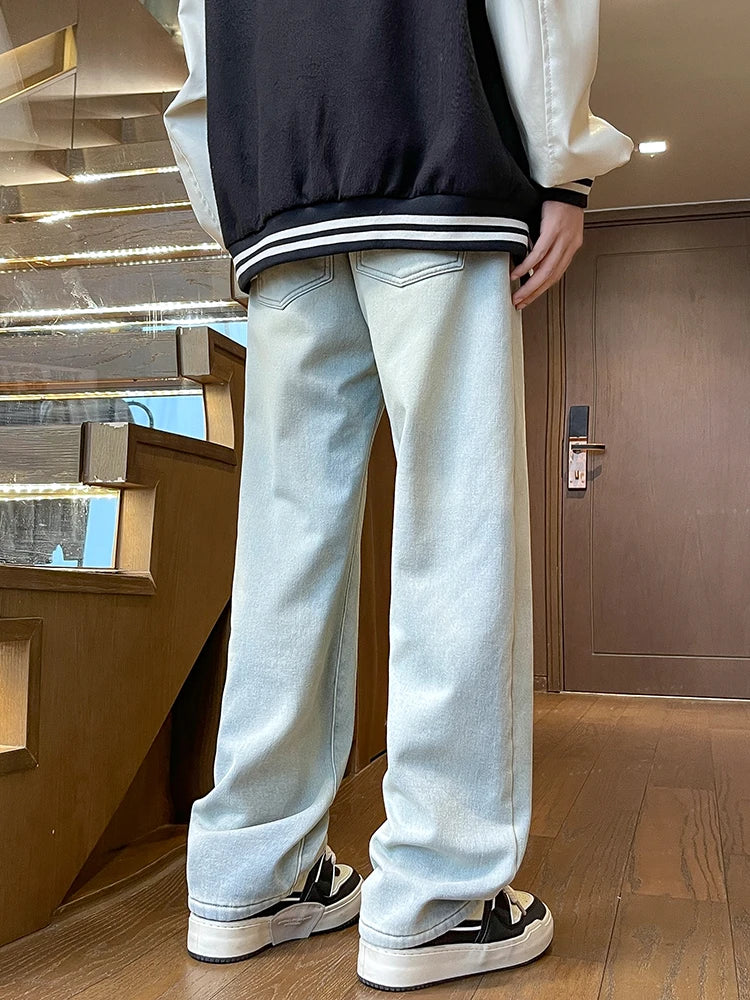 Men's Winter Pants Fleece-lined Straight Jeans Korean Fashion Elastic Waist Semi-Wide Baggy Denim Pants Thick Warm Jean Trousers