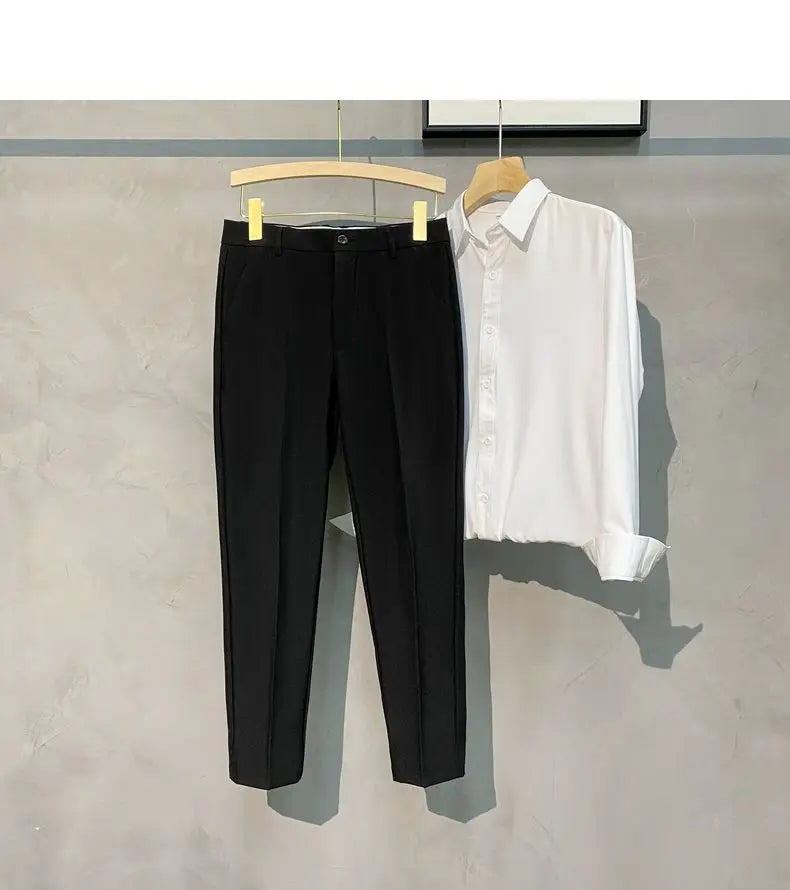 Suit Pants Men Leisure Straight Drape Korean Classic Fashion Business Casual Formal Wear Nine Point Solid Trousers Male H171