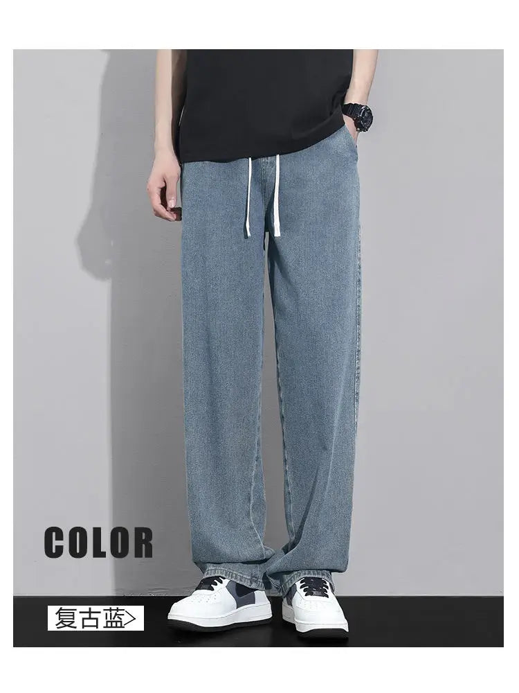 Street Fashion Trend Loose Versatile Wide Leg Jeans Men Elastic Waist Drawstring Pockets Summer Thin Casual Straight Trousers