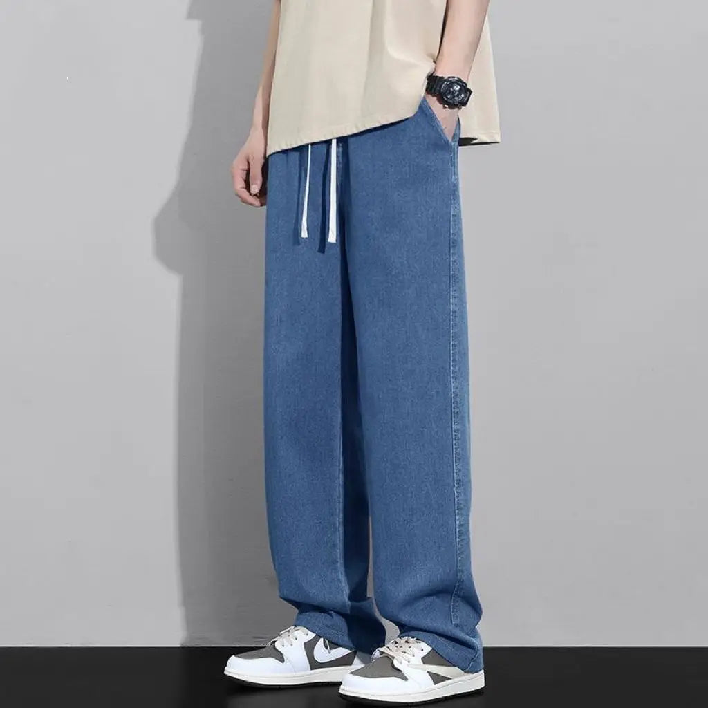 Street Fashion Trend Loose Versatile Wide Leg Jeans Men Elastic Waist Drawstring Pockets Summer Thin Casual Straight Trousers