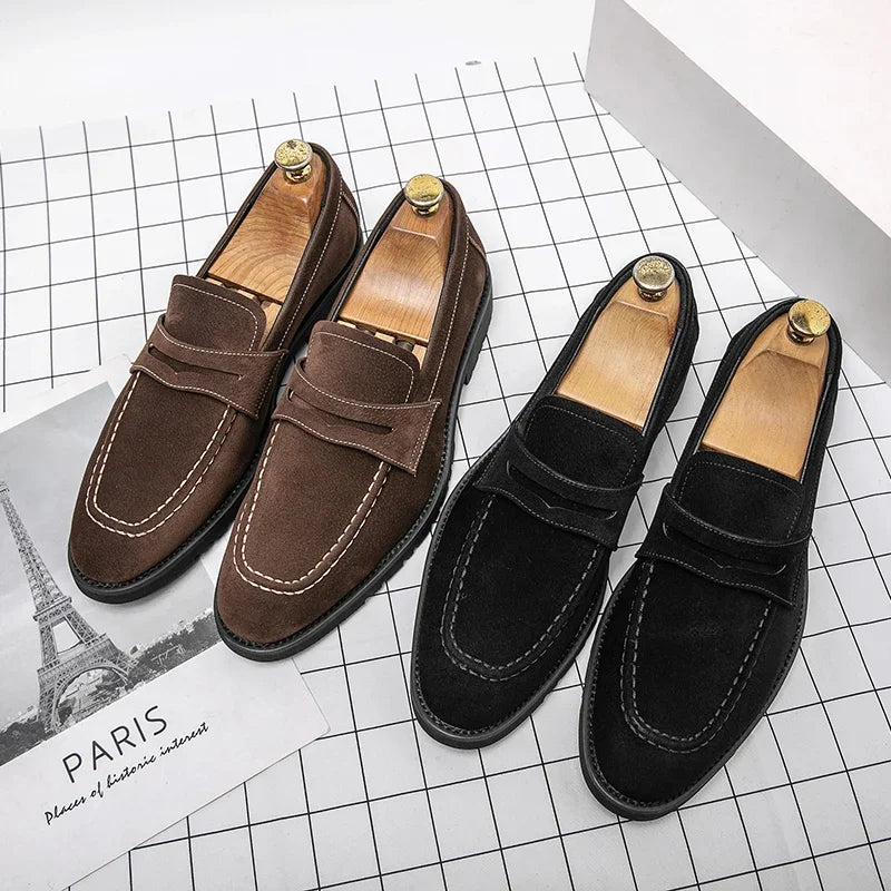 Fashion Loafers Men Shoes Classic Versatile Business Casual Everyday Square Toe Stitches Faux Suede Solid Color Dress Shoes