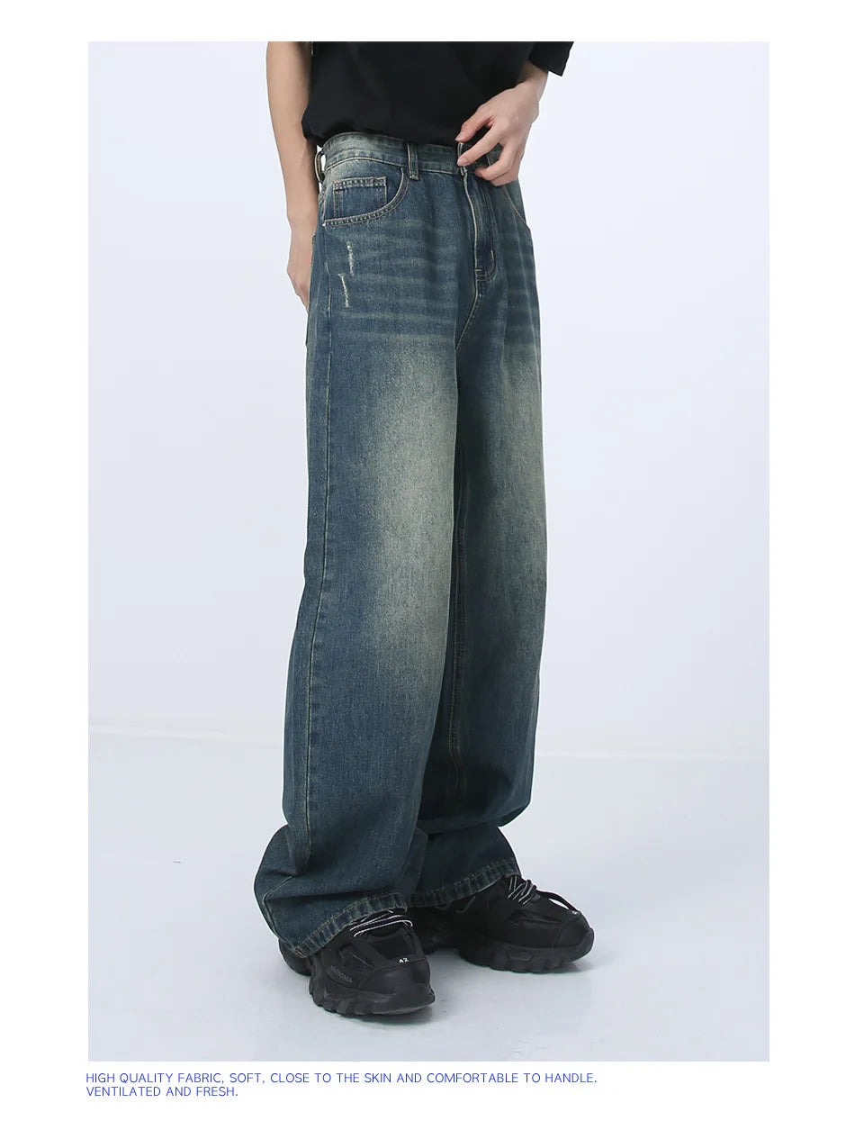 Blue Baggy Jeans Men's Streetwear Straight Fashion Wide Leg Pants Washed Distressed Loose Denim Trousers Y2K Casual Male Clothes