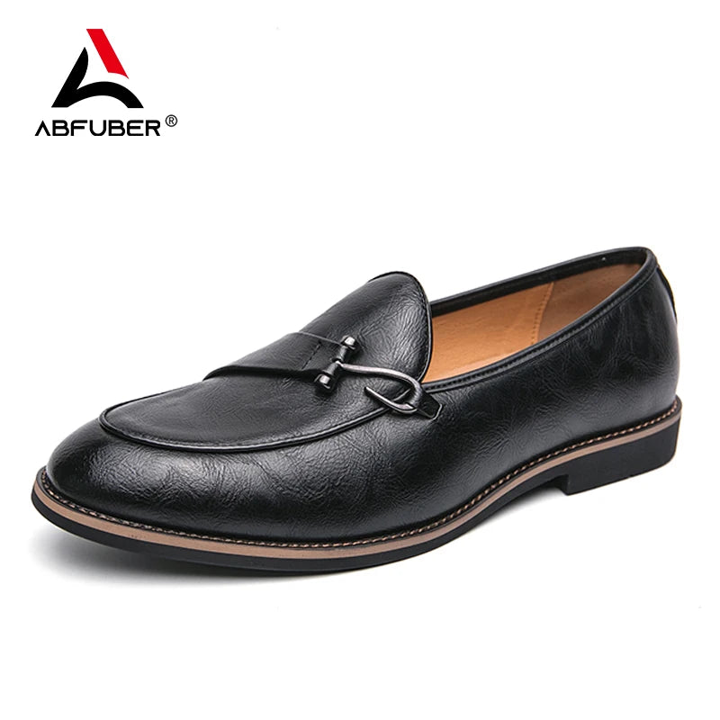 Fashion Penny Slip On Loafers Leather Men Shoes Simple Pointed Toe Dress Business Suit Casual Party Wedding Shoes Soft Comforty