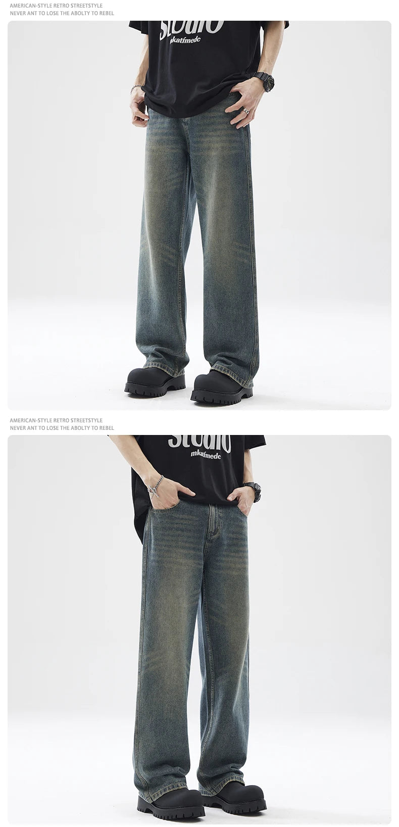 Autumn New Baggy Straight Jeans Men Full Length Washed Distressed Denim Pants High Street Korean Streetwear Male Trousers Black