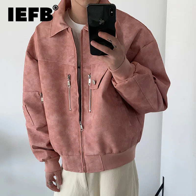 IEFB American Style Male Coats Zipper Patchwoek PU Leather Tops Turn-down Collar Casual Solid Color Men's Jackets Autumn  9C6812