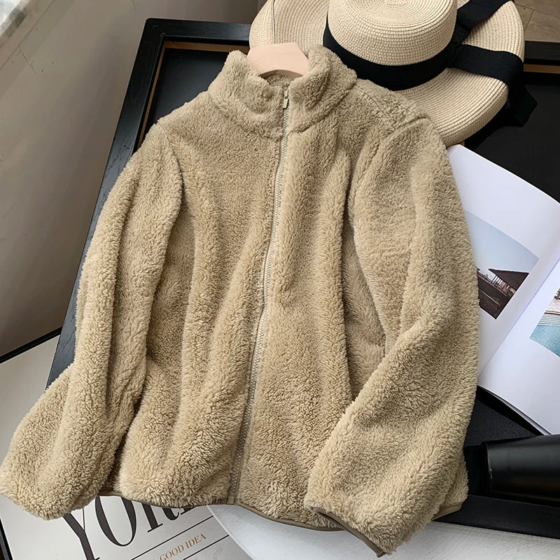 Warm Stand Up Collar Lambhair Jacket  Women's Autumn Winter Loose Long Sleeved Outwear Simple Solid Color Fleece Short Top