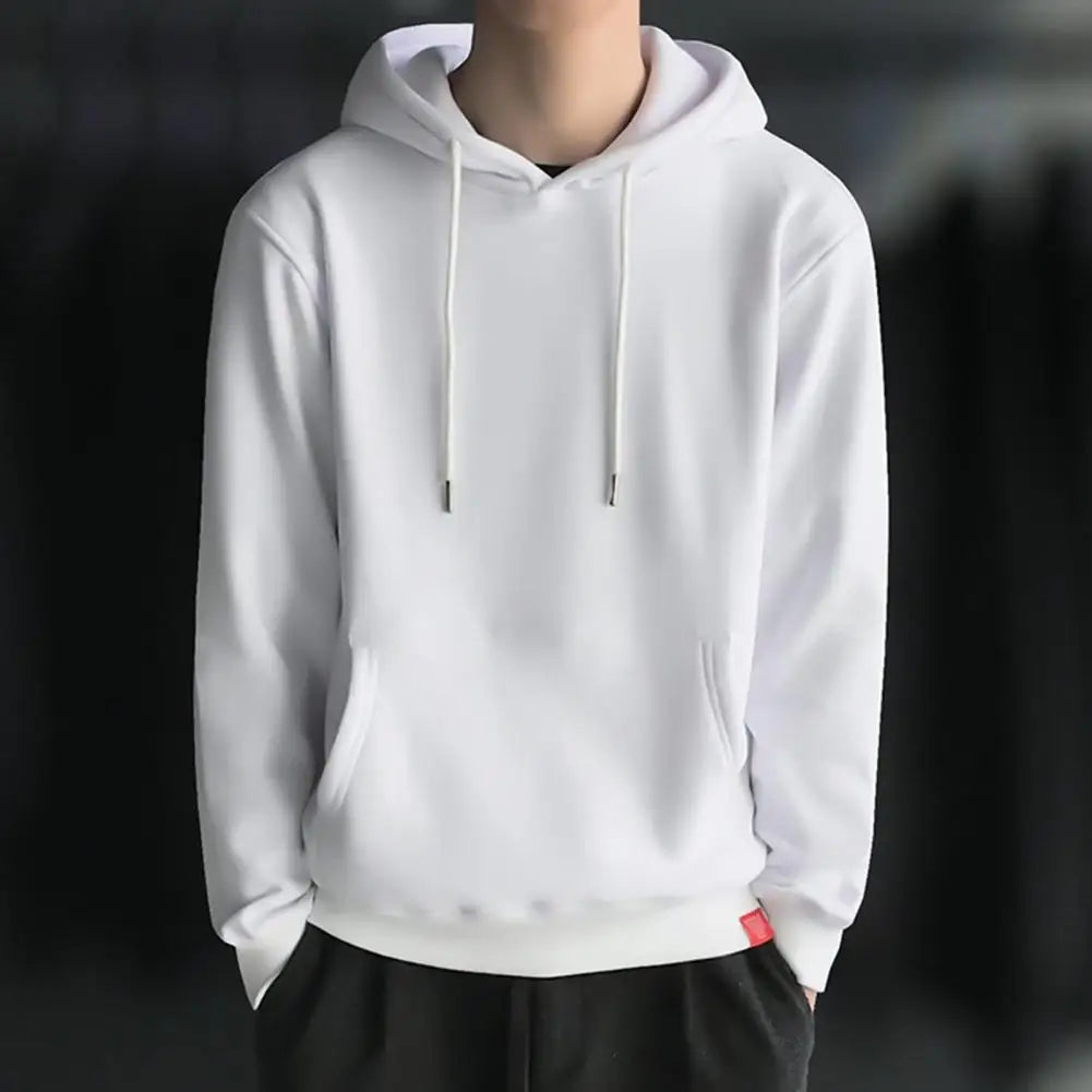 Front Pocket Drawstring Long Sleeve Pullover Hoodie Men Autumn Winter Solid Color Fleece Lining Hooded Sweatshirt Men Streetwear