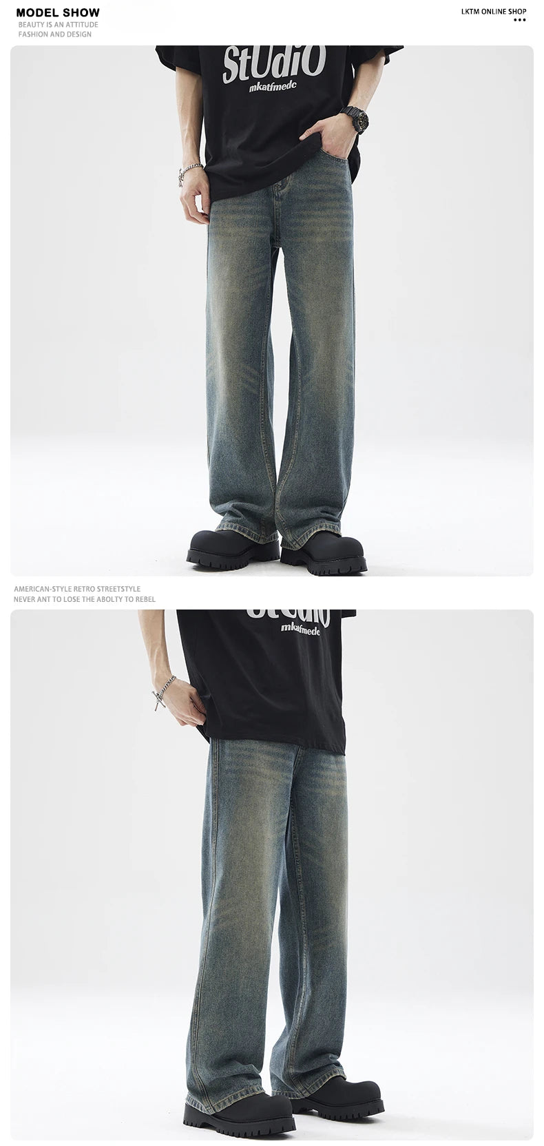 Autumn New Baggy Straight Jeans Men Full Length Washed Distressed Denim Pants High Street Korean Streetwear Male Trousers Black