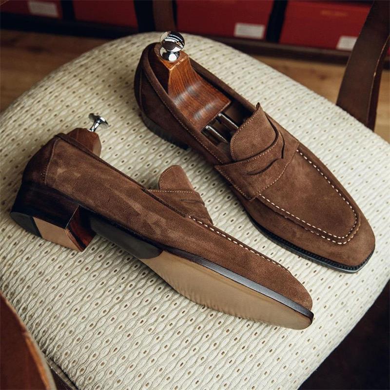 Fashion Loafers Men Shoes Classic Versatile Business Casual Everyday Square Toe Stitches Faux Suede Solid Color Dress Shoes