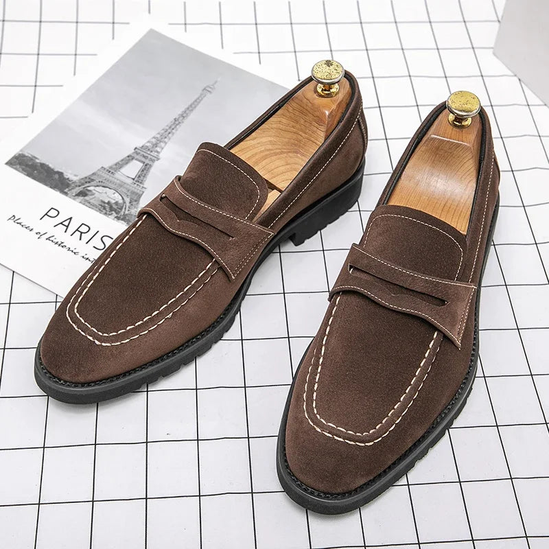 Fashion Loafers Men Shoes Classic Versatile Business Casual Everyday Square Toe Stitches Faux Suede Solid Color Dress Shoes