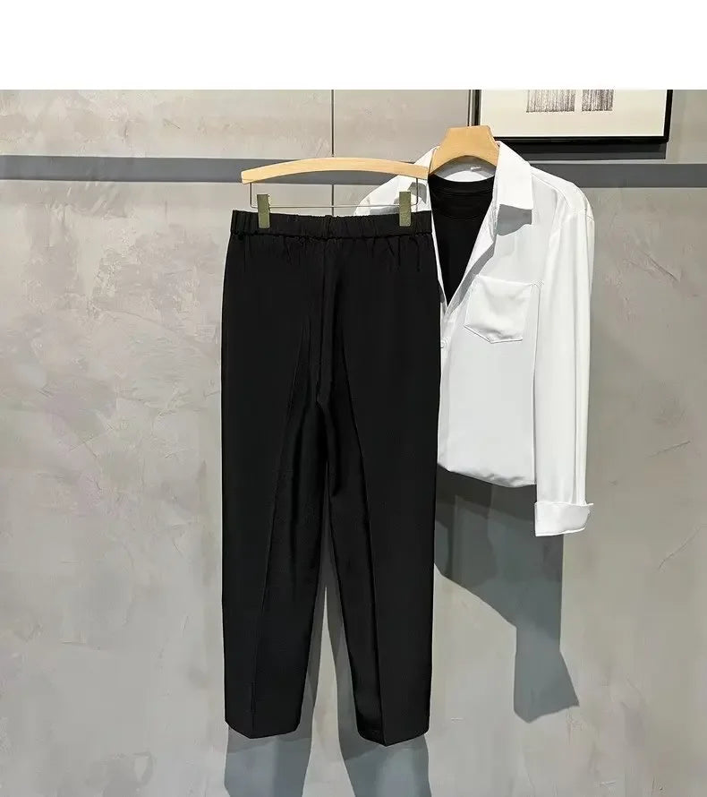 Men's Casual Half-High Waist Slim-Fit Suit Pants Spring Autumn Business No Ironing Required Fashionable Nine-Foot Length