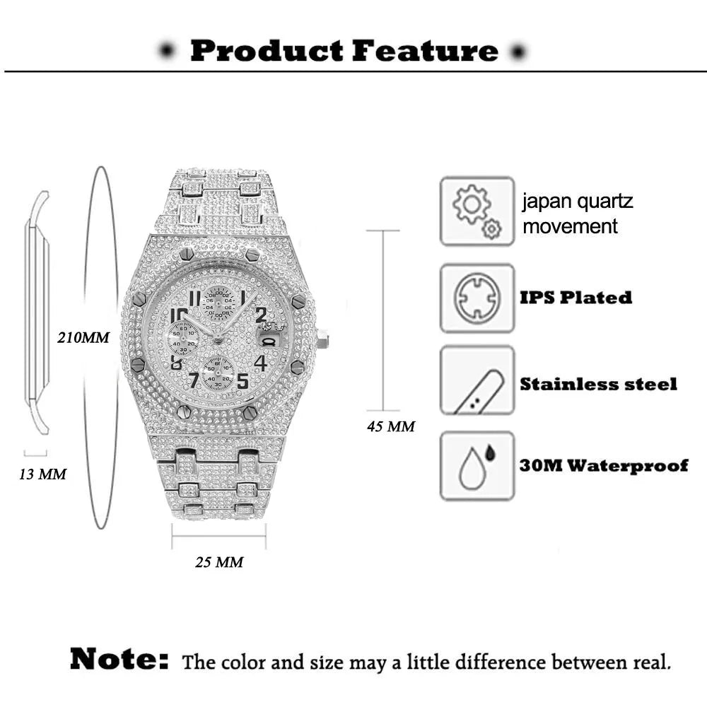 Fashion Brand MISSFOX Luxury Watches Men Automatic Date Waterproof Quartz Clock Hip Hop Iced Diamond Jewelry Wrist Watch Man 2024