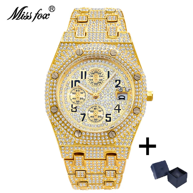 Fashion Brand MISSFOX Luxury Watches Men Automatic Date Waterproof Quartz Clock Hip Hop Iced Diamond Jewelry Wrist Watch Man 2024