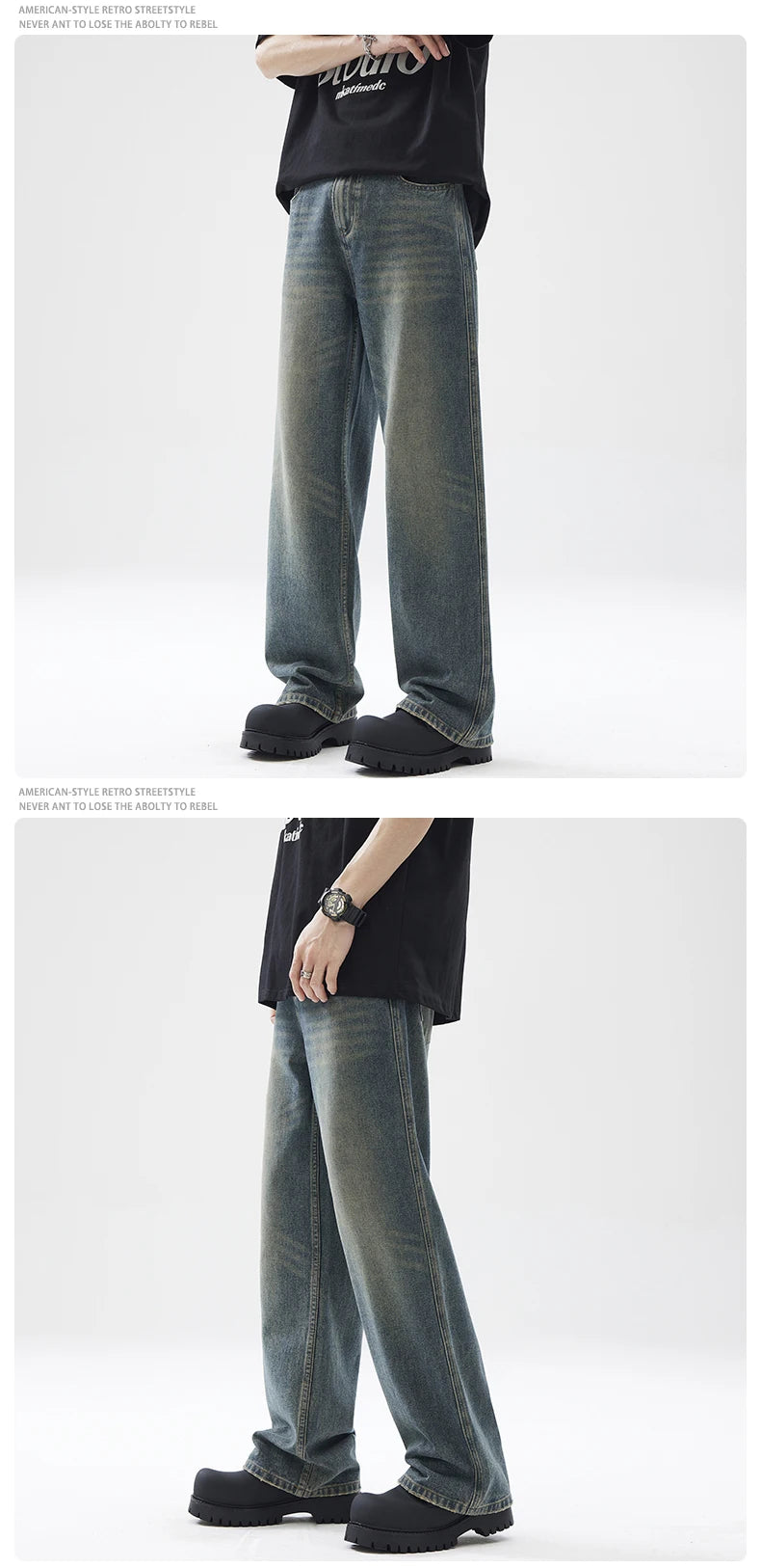 Autumn New Baggy Straight Jeans Men Full Length Washed Distressed Denim Pants High Street Korean Streetwear Male Trousers Black