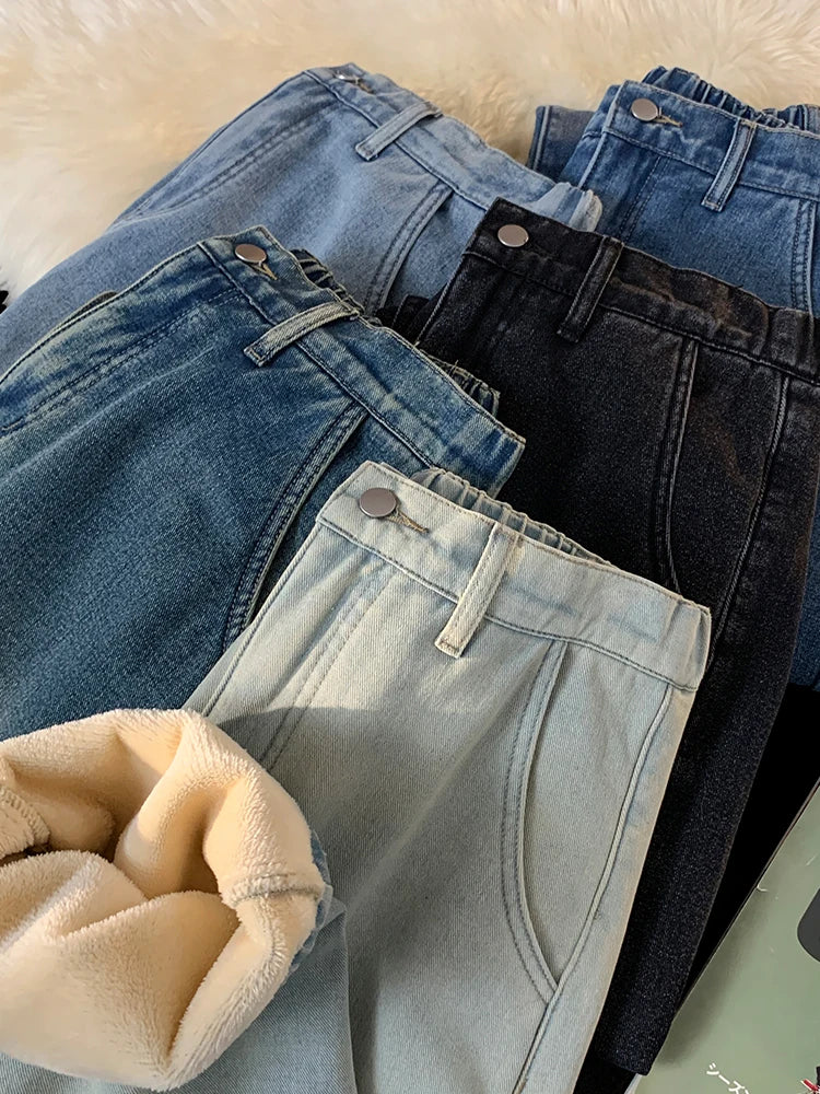 Men's Winter Pants Fleece-lined Straight Jeans Korean Fashion Elastic Waist Semi-Wide Baggy Denim Pants Thick Warm Jean Trousers