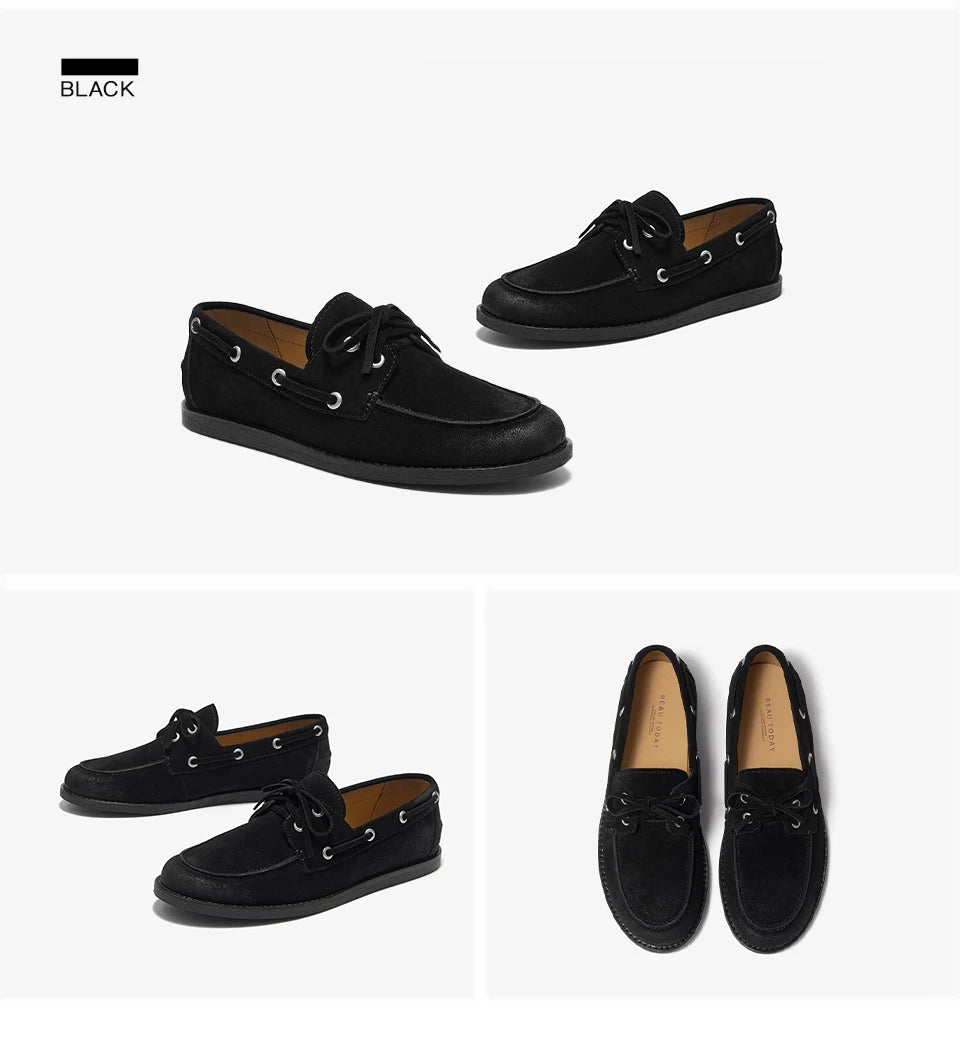 BEAUTODAY Boat Shoes Women Cow Suede Round Toe Sewing Lines Lace-up Slip-ons Casual Flat Loafers Outdoor Female Handmade 26237