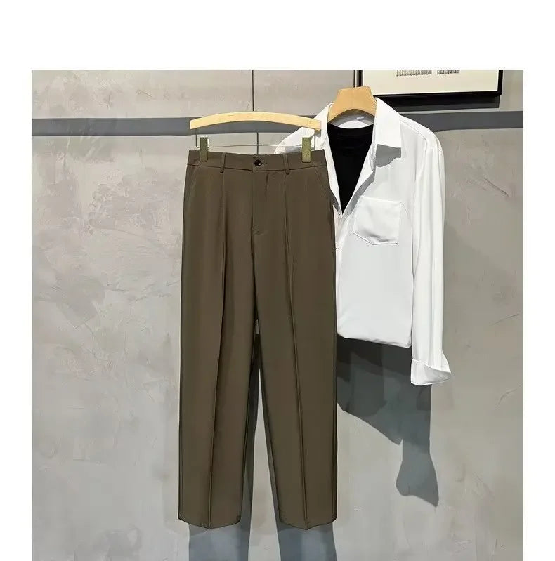 Men's Casual Half-High Waist Slim-Fit Suit Pants Spring Autumn Business No Ironing Required Fashionable Nine-Foot Length