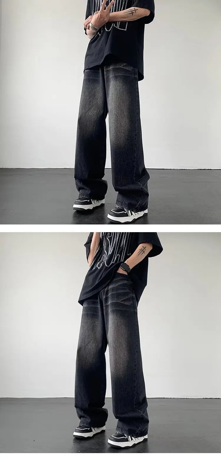 Men's American Gradual Washing Black Baggy Jeans Man Straight Denim Wide-leg Pants