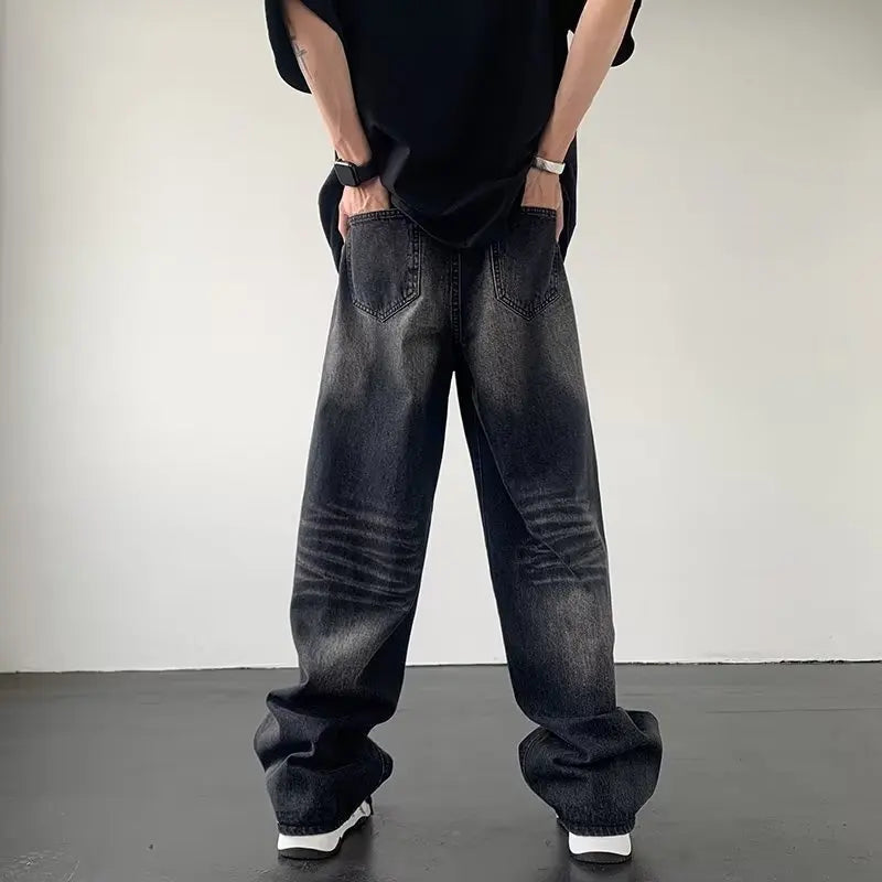 Men's American Gradual Washing Black Baggy Jeans Man Straight Denim Wide-leg Pants