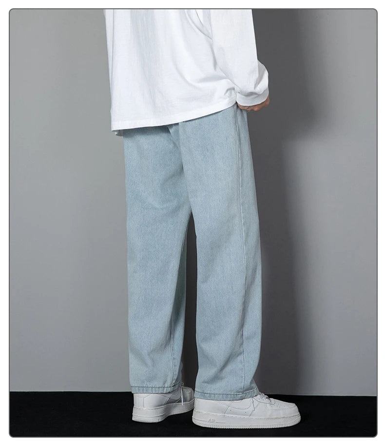 2025 New Korean Men's Casual Long Jeans Classic Man Straight Denim Wide-leg Pants Solid Color Light Blue Grey Black 3XL