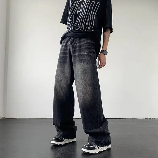 Men's American Gradual Washing Black Baggy Jeans Man Straight Denim Wide-leg Pants