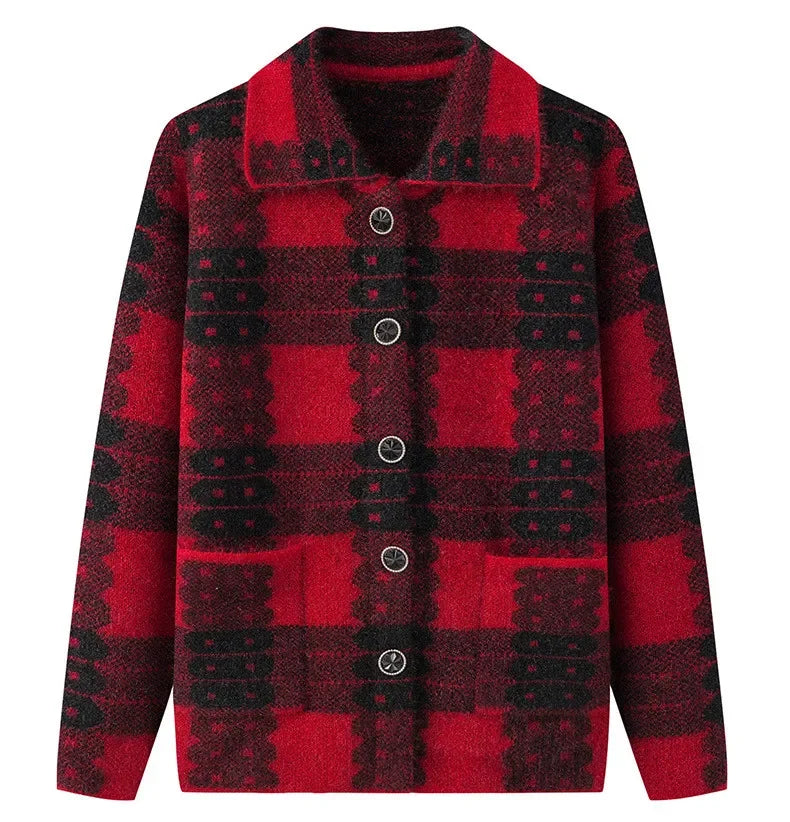 Casual Plaid Autumn Winter Clothes Middle Aged Mother Sweaters Knitwear Thicken Grandma Warm Woolen Coat Women Cardigan A372