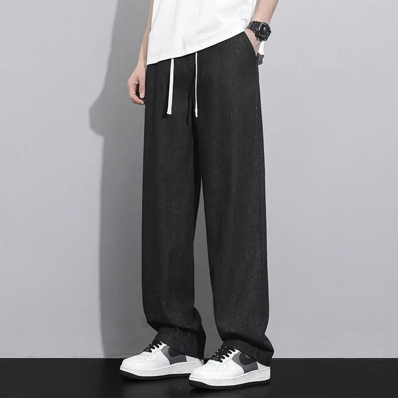 Street Fashion Trend Loose Versatile Wide Leg Jeans Men Elastic Waist Drawstring Pockets Summer Thin Casual Straight Trousers