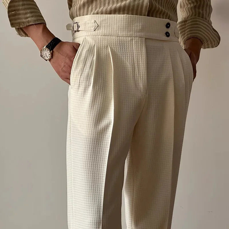 High-Waisted Straight-Leg Casual Pants Men Quality Brand High Aesthetic Value Walf Checks Double Pleat Casual Trousers Khaki