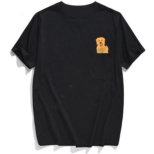 Men's Pocket 2D Printing Unisex Dog Black Short Sleeve - FARAH STORE